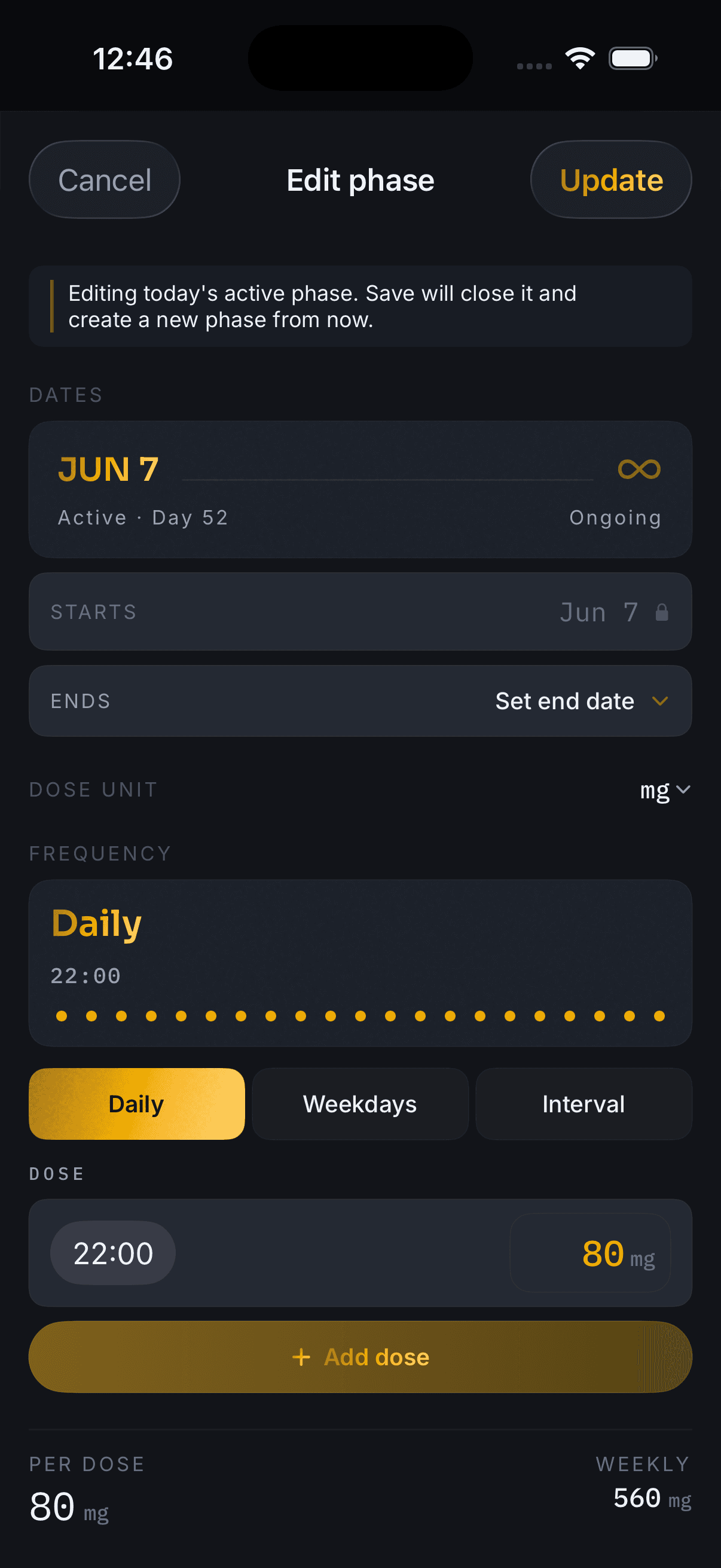 Setting a cadence on the Vayl iPhone app: an ongoing phase from June 7, daily at 22:00 shown as a row of dots across the month, with weekdays and interval as the other two options, and the amount per intake and per week