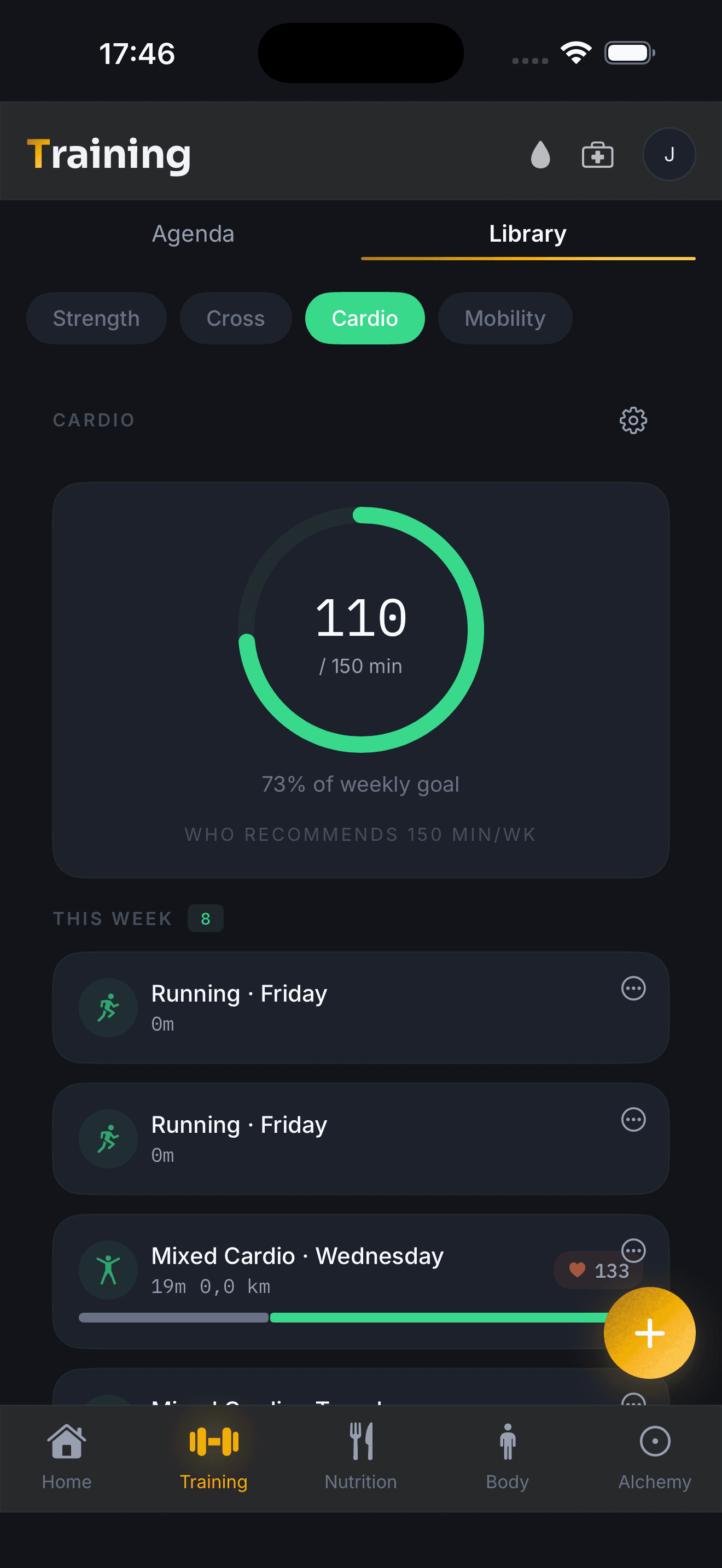 Vayl on iPhone: weekly cardio minutes against the reference, with the week's sessions listed below