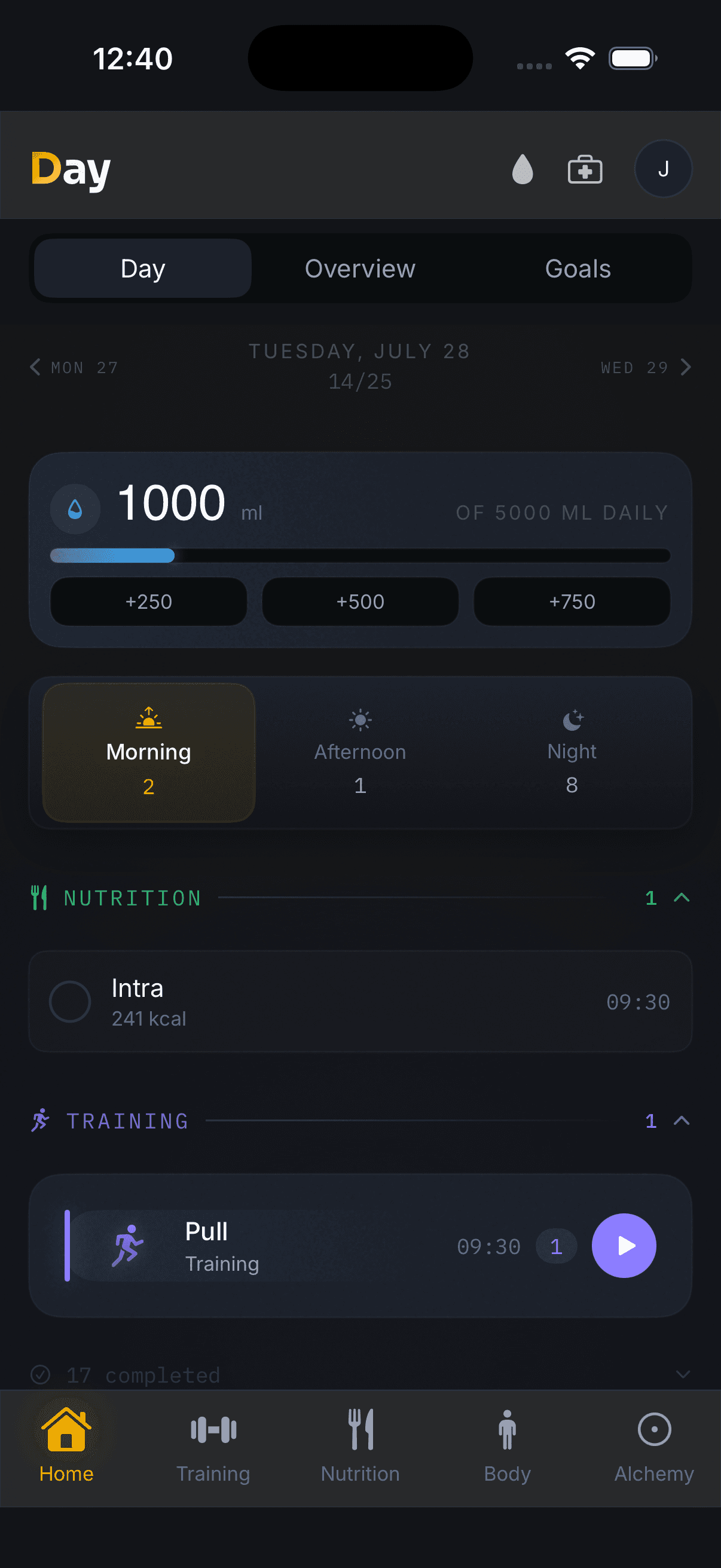 The Vayl iPhone Day screen: hydration at 1,000 of 5,000 millilitres with quick add buttons, the day split into morning, afternoon and night with the count due in each, then the nutrition and training entries for today, over the five module tabs