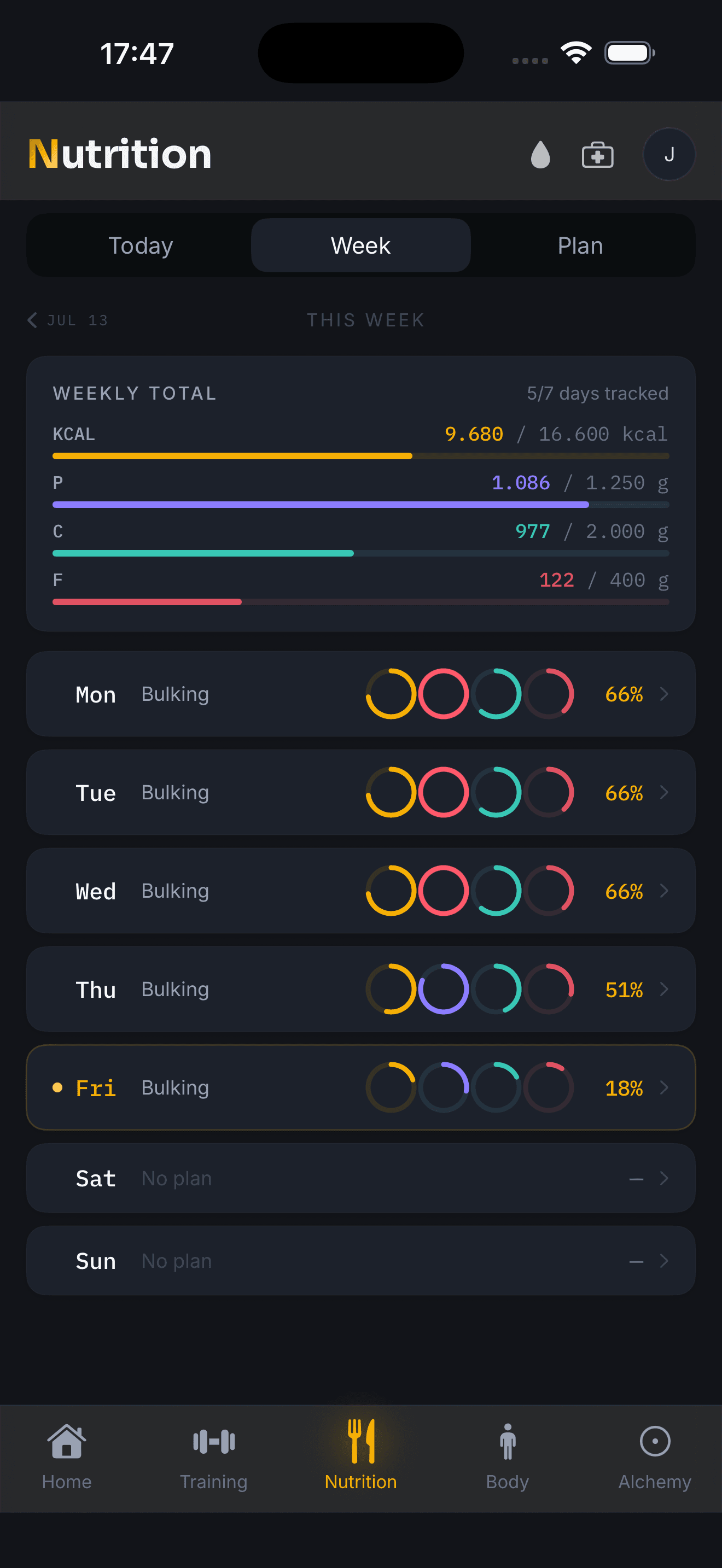 Vayl on iPhone: the week's macros against plan, with each day's completion