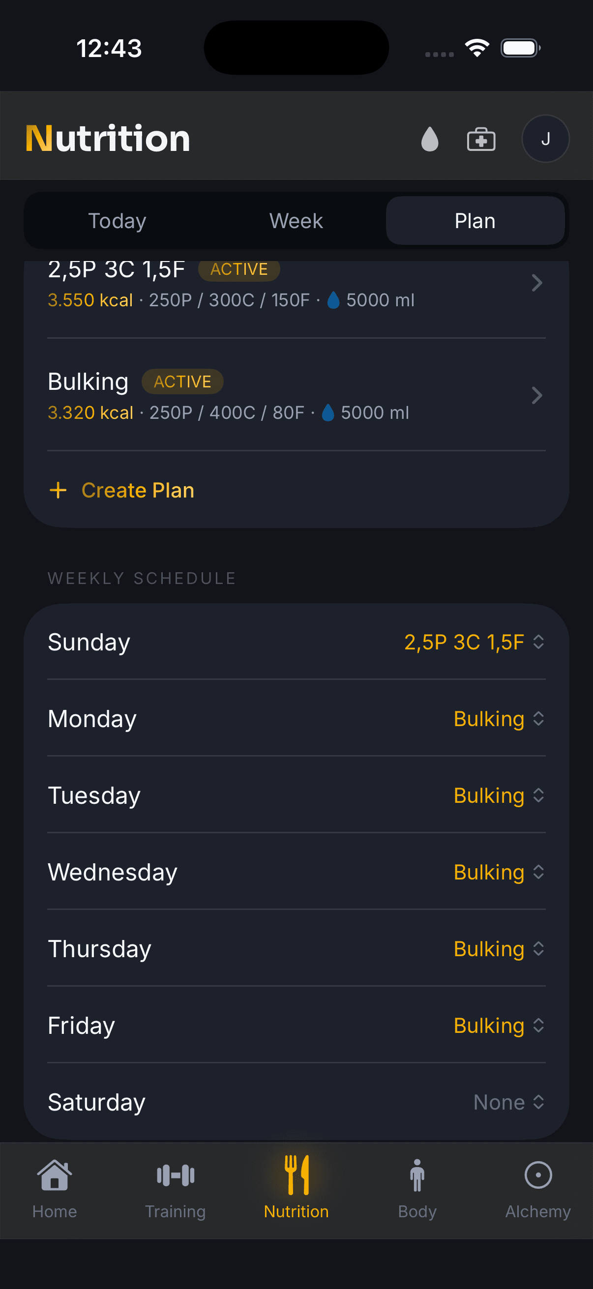The Vayl iPhone Nutrition plan tab: two plans with their calories, macros and water goal, then the weekly schedule where Sunday runs one plan, Monday through Friday run another, and Saturday runs none