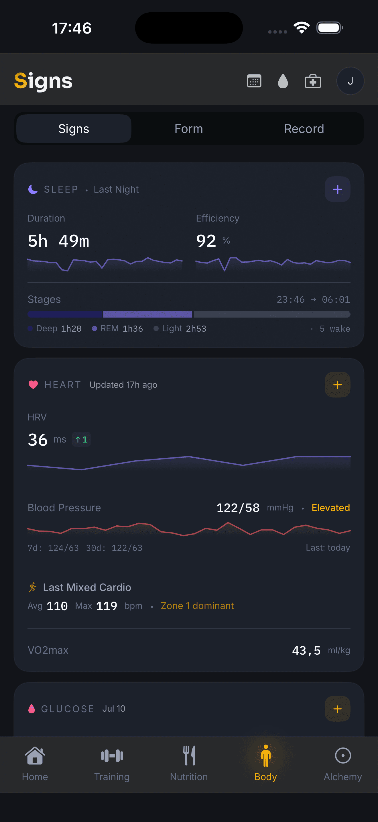 Vayl on iPhone: last night's sleep with stages, heart rate variability, blood pressure and VO2max