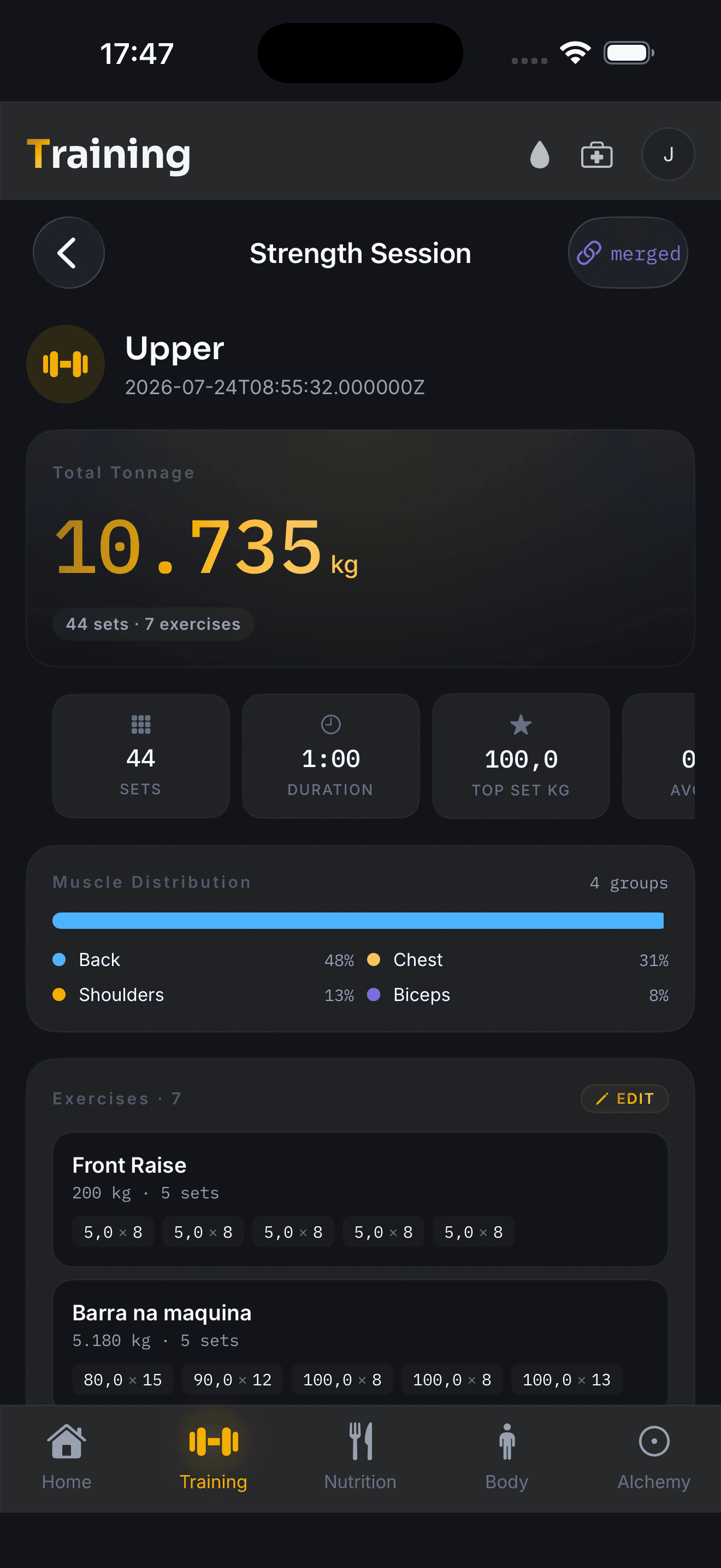 Vayl on iPhone: a finished strength session showing total tonnage, set count, muscle distribution and every exercise with its load and reps