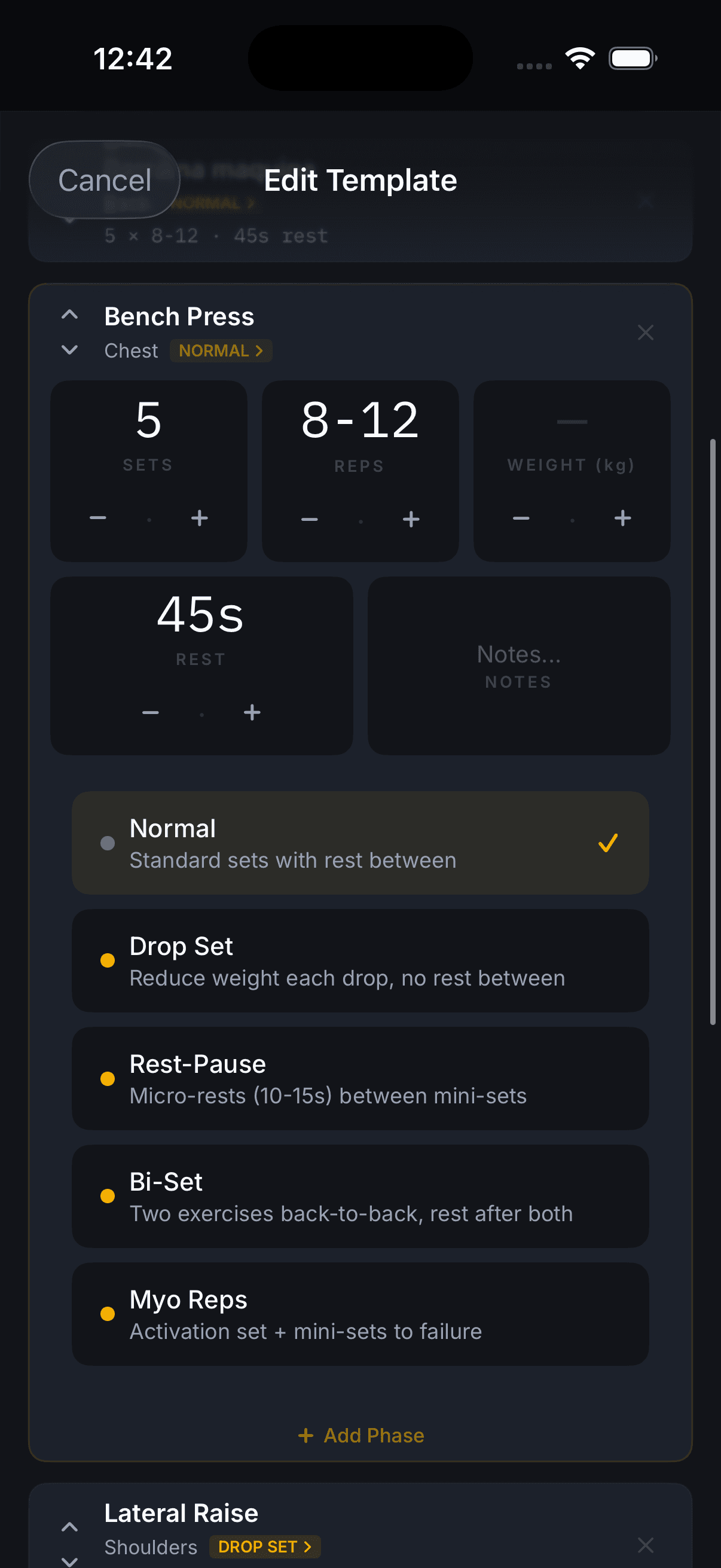 Editing a bench press on the Vayl iPhone app: sets, reps, weight and rest, then how the set runs, with normal, drop set, rest-pause, bi-set and myo-reps each carrying its own description