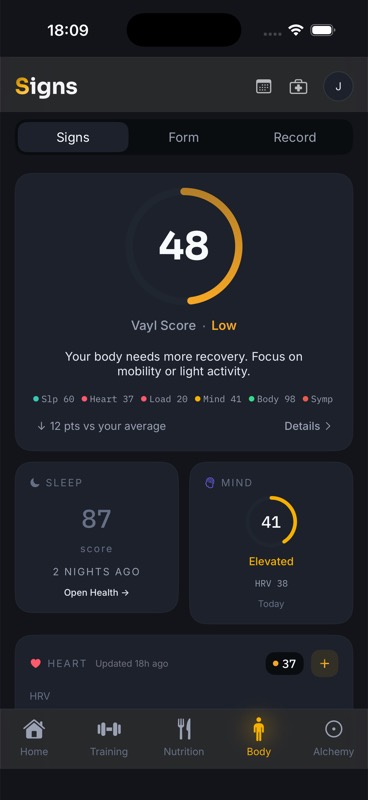 Vayl iOS — Body Signs screen